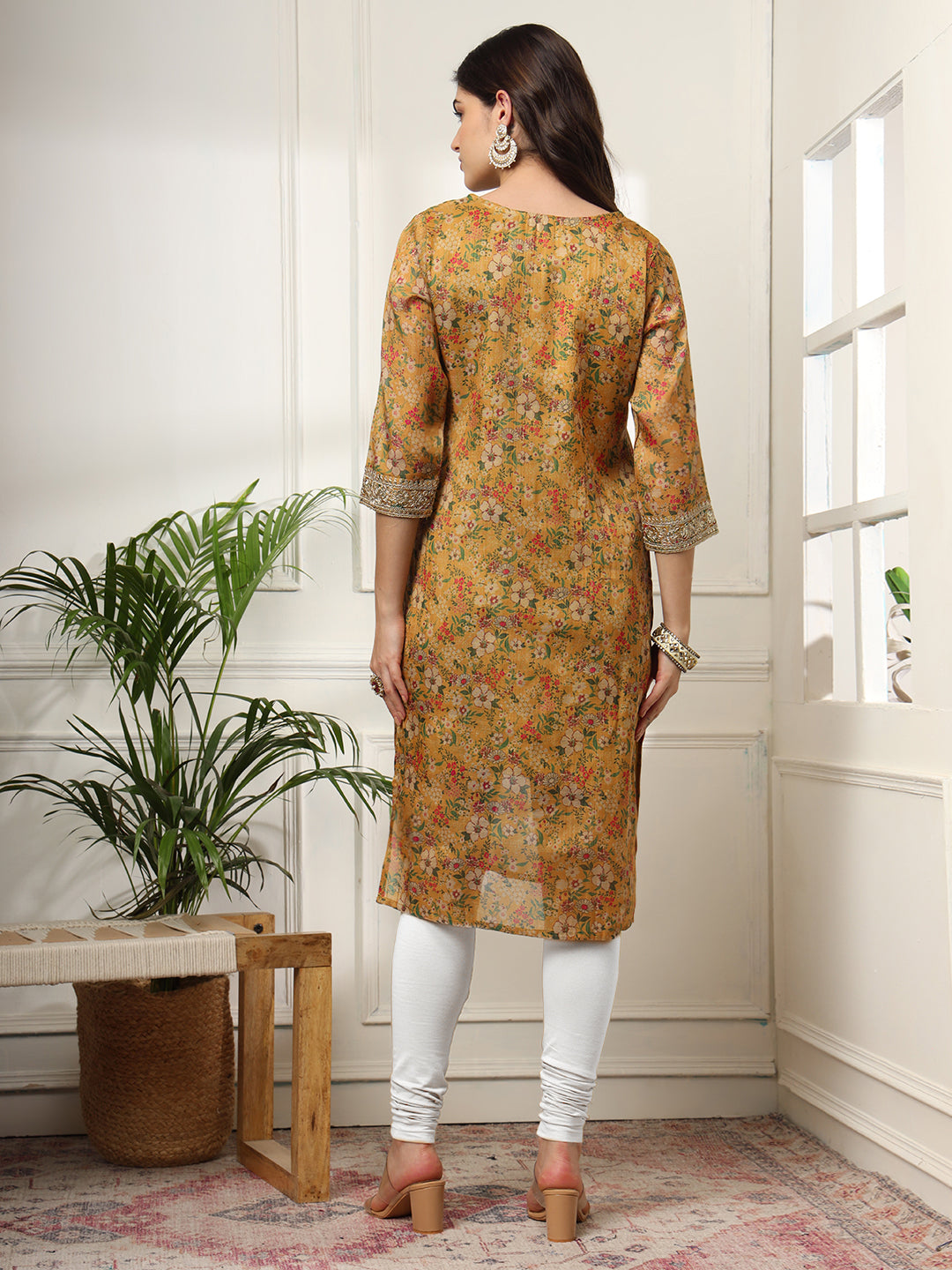 SUNDARNAARI Floral Silk Blend Kurti – Elegant Festive Wear, Yellow