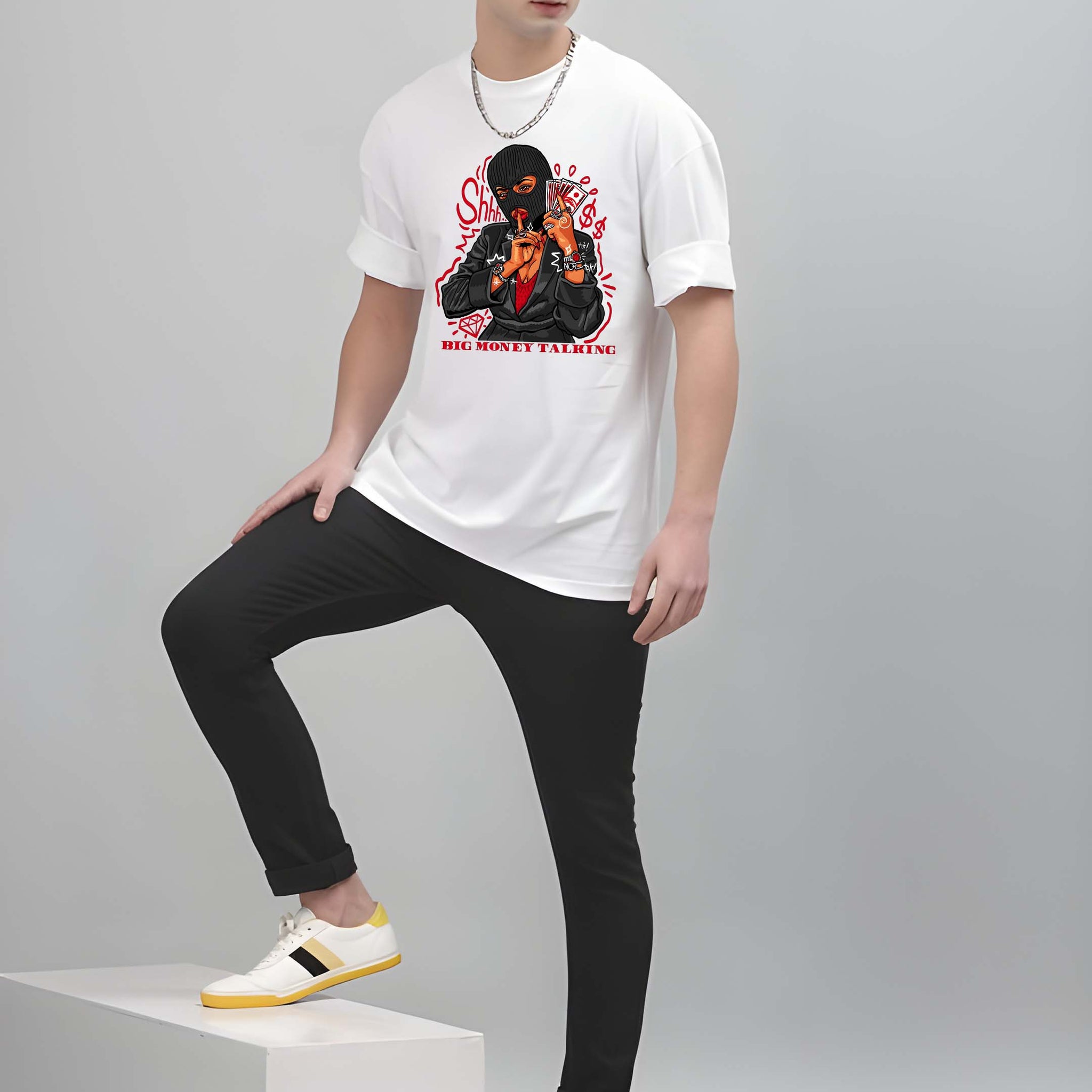 Kaido Men White Pure Cotton Over Size Printed Stylish T-Shirt