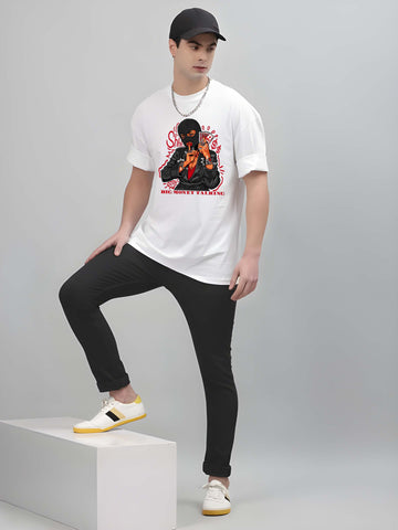 Kaido Men White Pure Cotton Over Size Printed Stylish T-Shirt