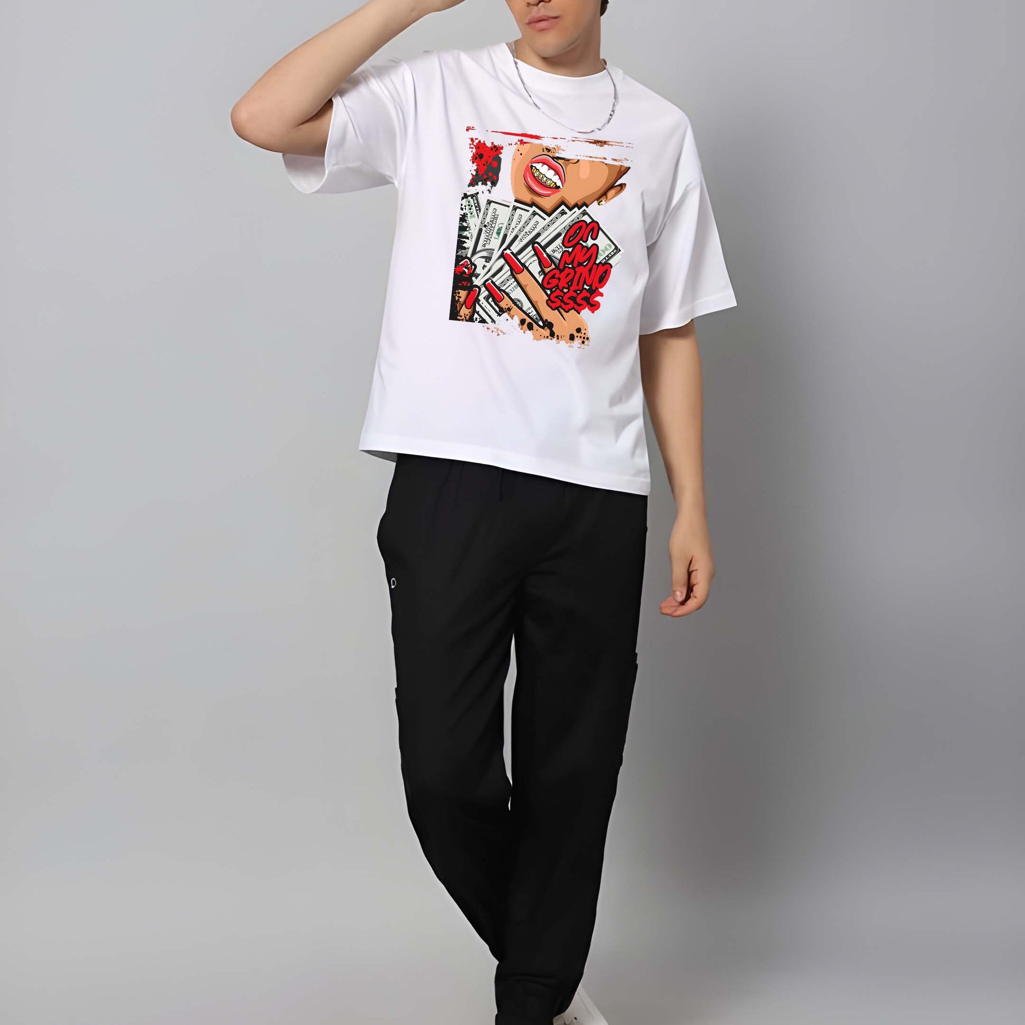 Kaido Men White Pure Cotton Over Size Printed Stylish T-Shirt