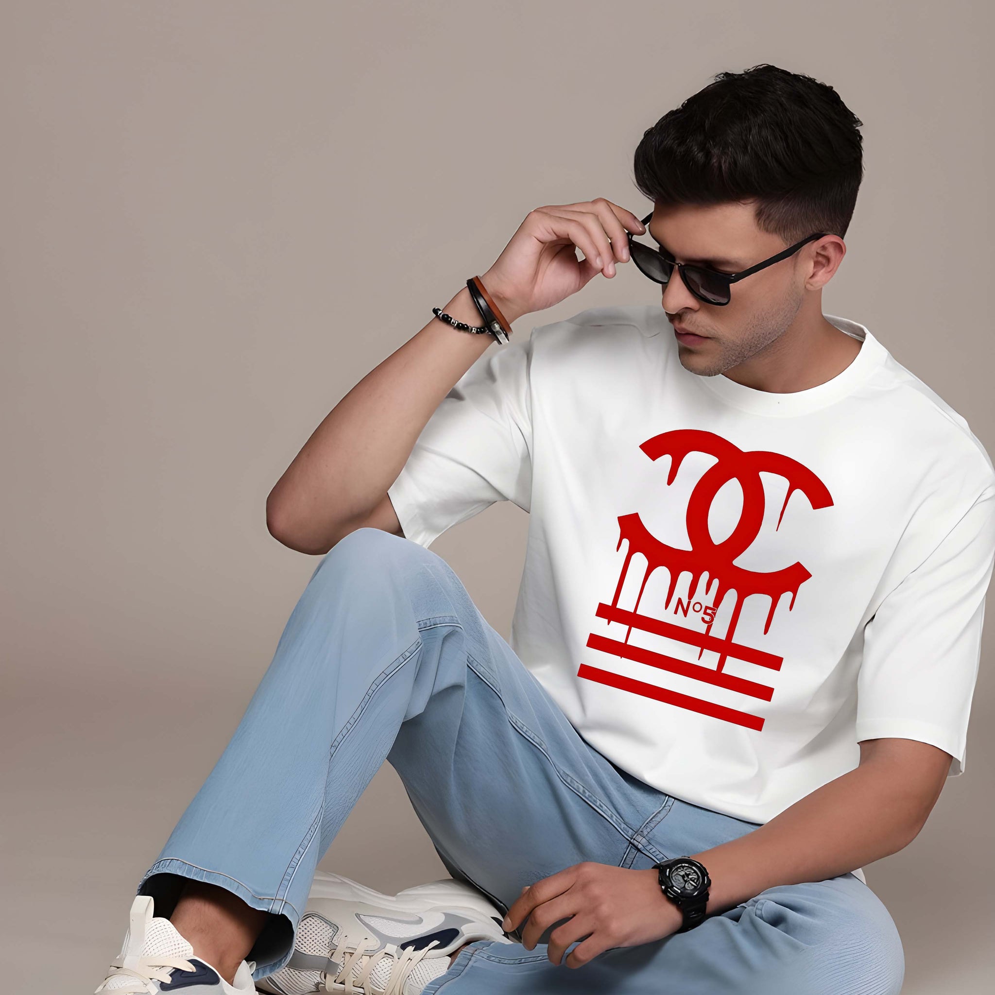 Kaido Men White Pure Cotton Over Size Printed Stylish T-Shirt