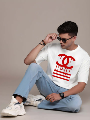 Kaido Men White Pure Cotton Over Size Printed Stylish T-Shirt