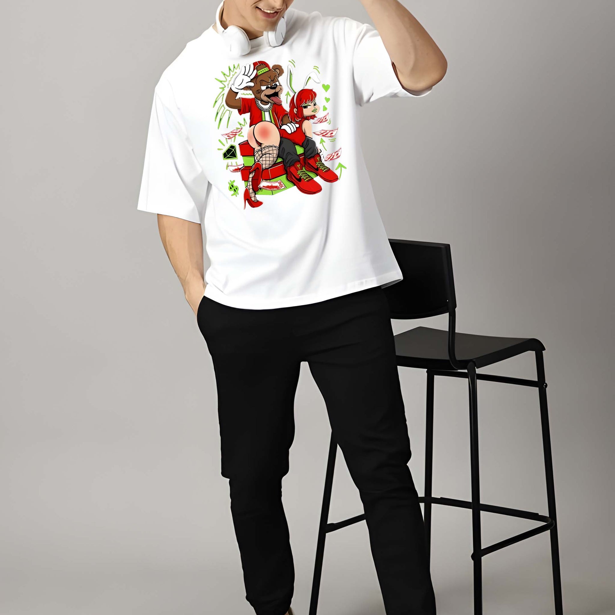 Kaido Men White Pure Cotton Over Size Printed Stylish T-Shirt