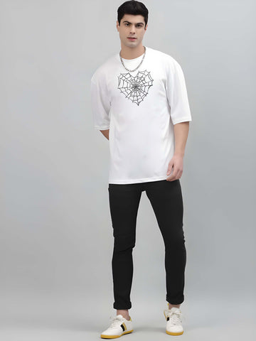 Kaido Men White Pure Cotton Over Size Printed Stylish T-Shirt