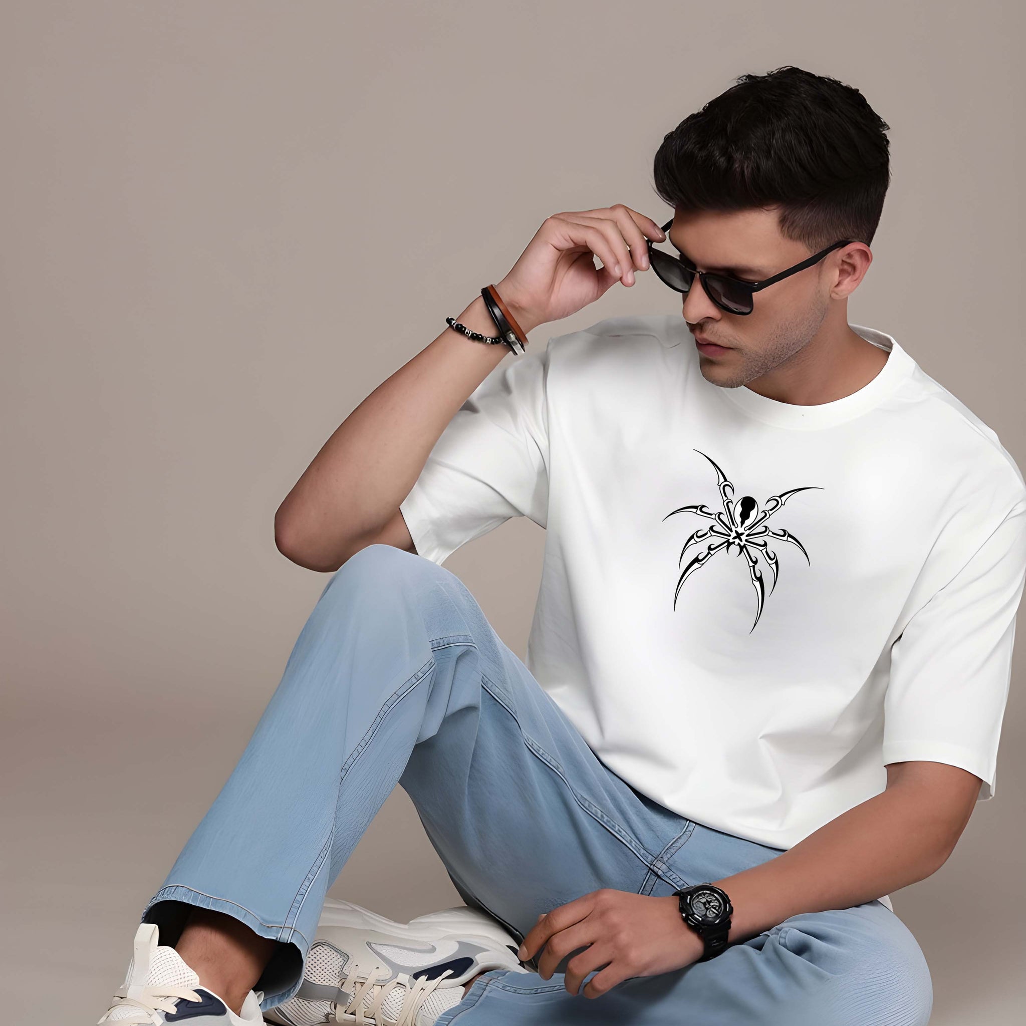 Kaido Men White Pure Cotton Over Size Printed Stylish T-Shirt