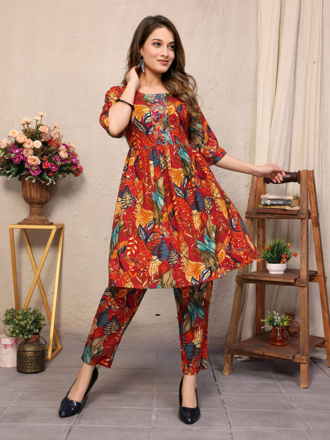 SUNDARNAARI Cotton Blend Printed Co-Ords – Stylish Orange Casual Wear