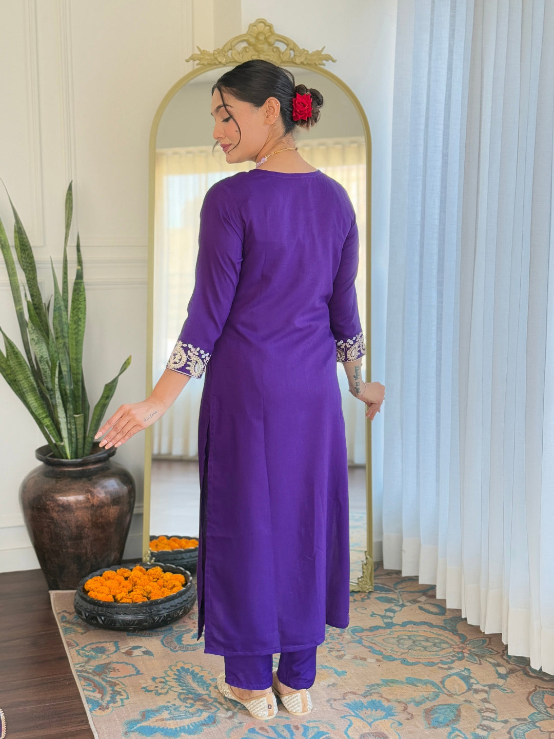 Women Purple Embroidered Kurta