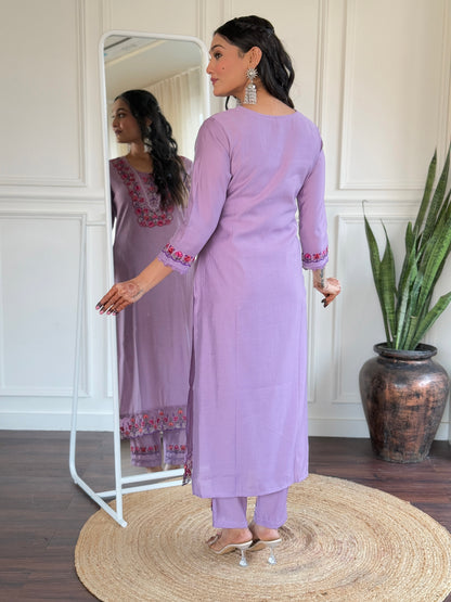 Women Lavender Embroidered Kurti
