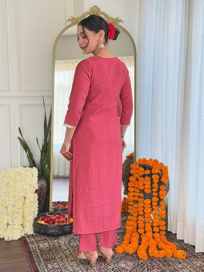 Women Rose Pink Embroidered Ku