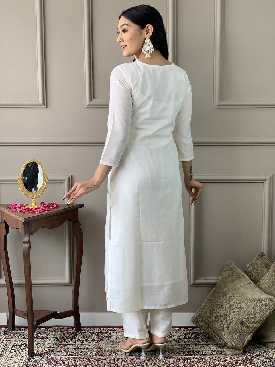 Women White Embroidered Kurta with Trousers and Dupatta