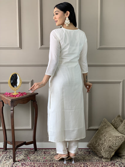 Women White Embroidered Kurta with Trousers and Dupatta