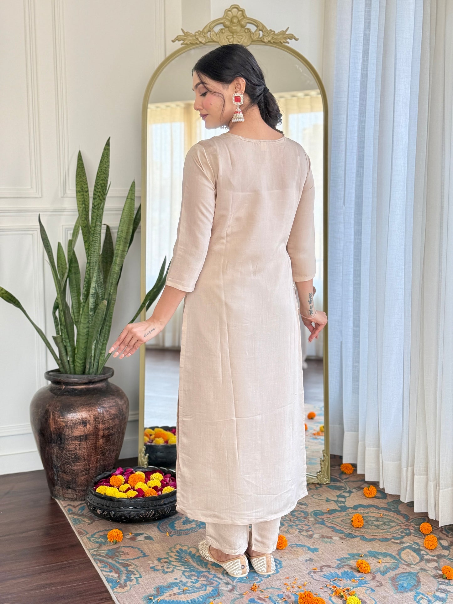 Beige Embroidered Kurta