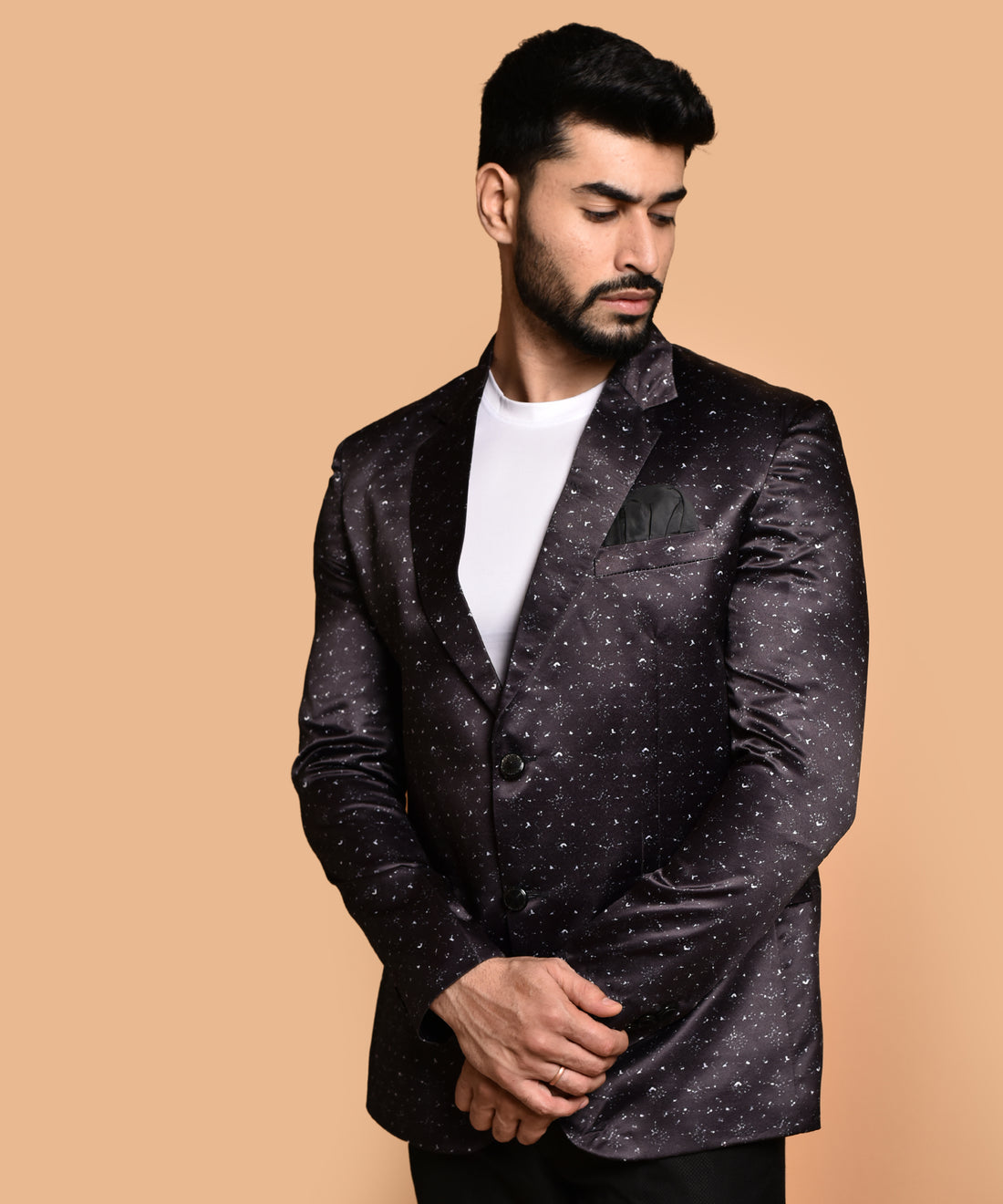 BOWLIFESTYLE Black Cotton Blend Printed Blazer