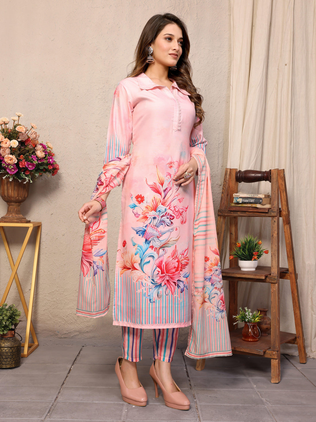 SUNDARNAARI Baby Pink Kurta Set for Women - Digital Print Viscose Rayon, Comfortable & Elegant, Ideal for Casual & Festive Occasions