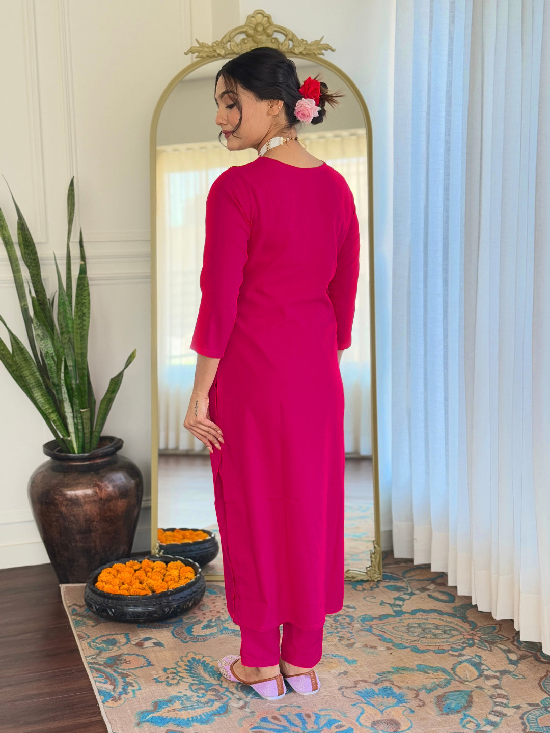 Women Magenta Embroidered Kurt