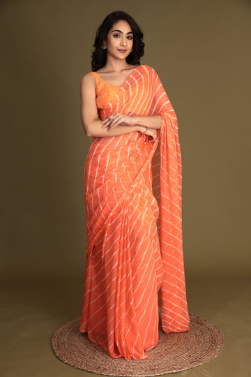 Orange White Printed Chiffon Leheriya Saree by SANGINI