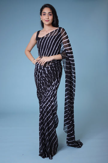 Black White  Printed Chiffon Leheriya Saree by SANGINI