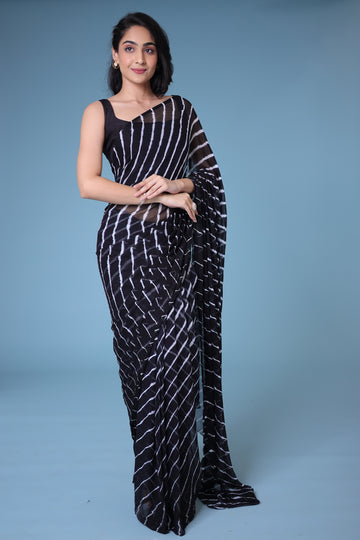 Black White  Printed Chiffon Leheriya Saree by SANGINI