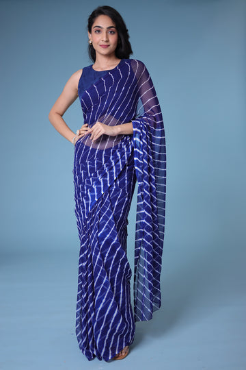 Blue White Printed Chiffon Leheriya Saree by SANGINI