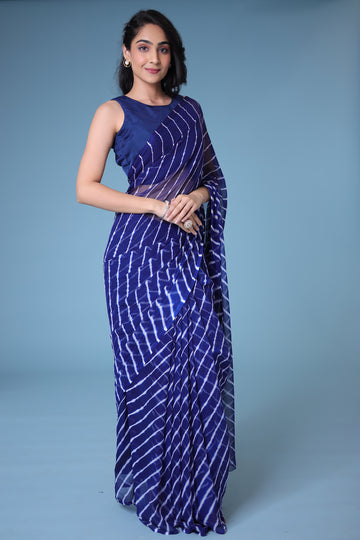 Blue White Printed Chiffon Leheriya Saree by SANGINI