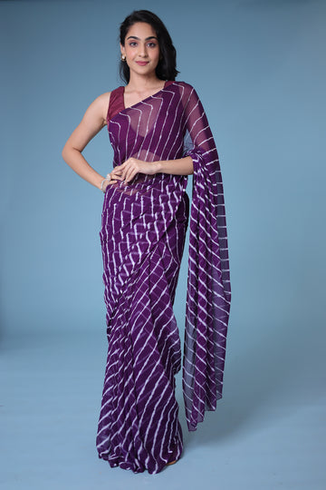 Purple White  Printed Chiffon Leheriya Saree by SANGINI