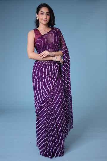 Purple White  Printed Chiffon Leheriya Saree by SANGINI