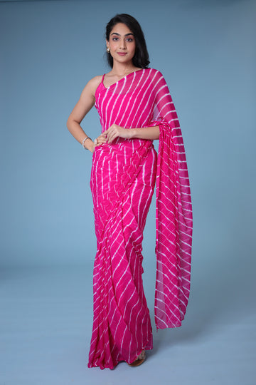 Pink White  Printed Chiffon Leheriya Saree by SANGINI