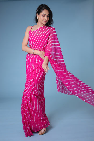 Pink White  Printed Chiffon Leheriya Saree by SANGINI