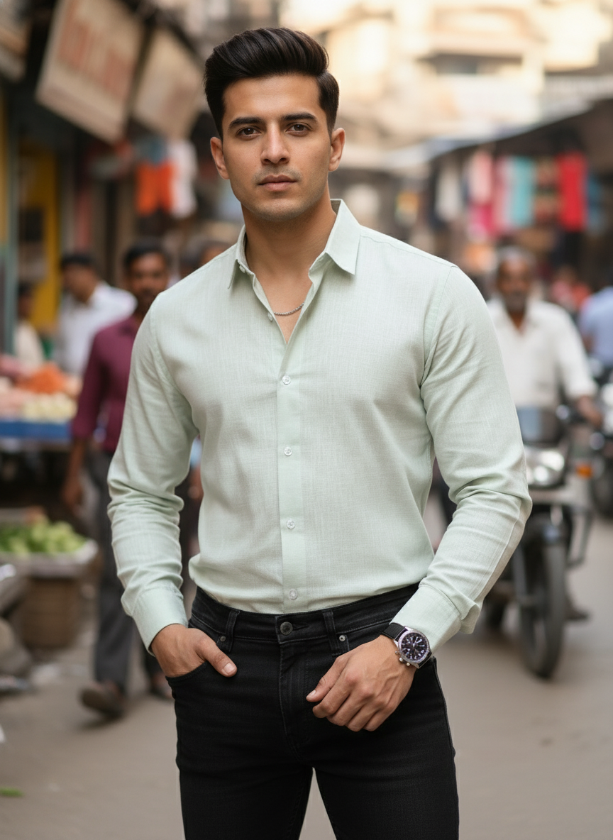 Mens Linen Green Casual Wear Shirt