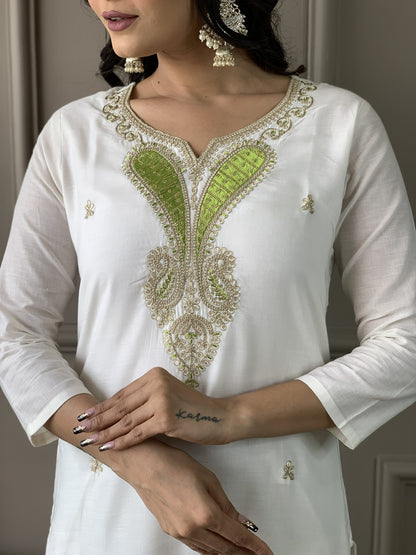 Women White Embroidered Kurta with Trousers and Dupatta