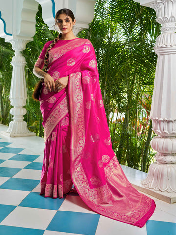 Swornof Womens Silk Saree with Zari Woven Saree With Blouse Piece - Pink