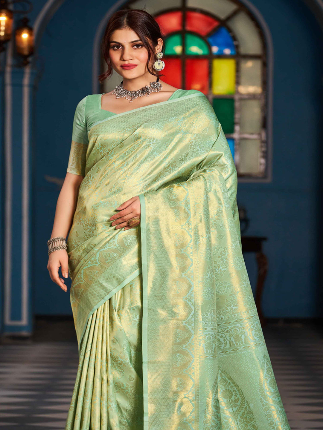 Swornof Womens Silk Saree With Blouse Piece - Pista