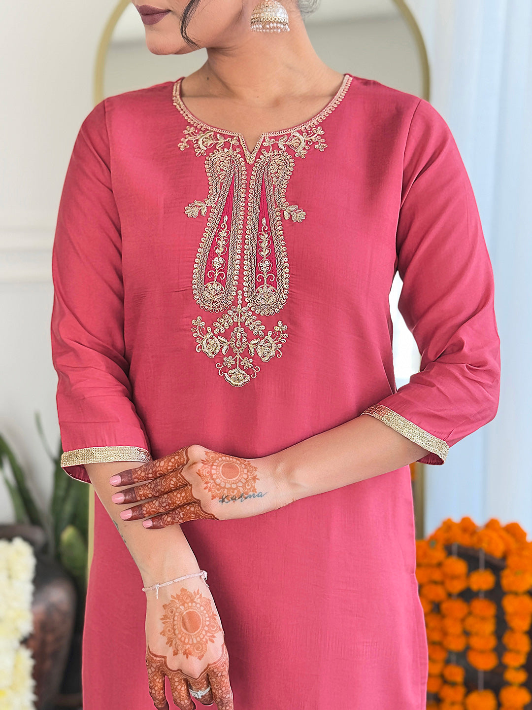Women Rose Pink Embroidered Ku