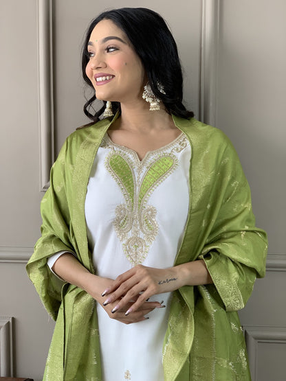 Women White Embroidered Kurta with Trousers and Dupatta