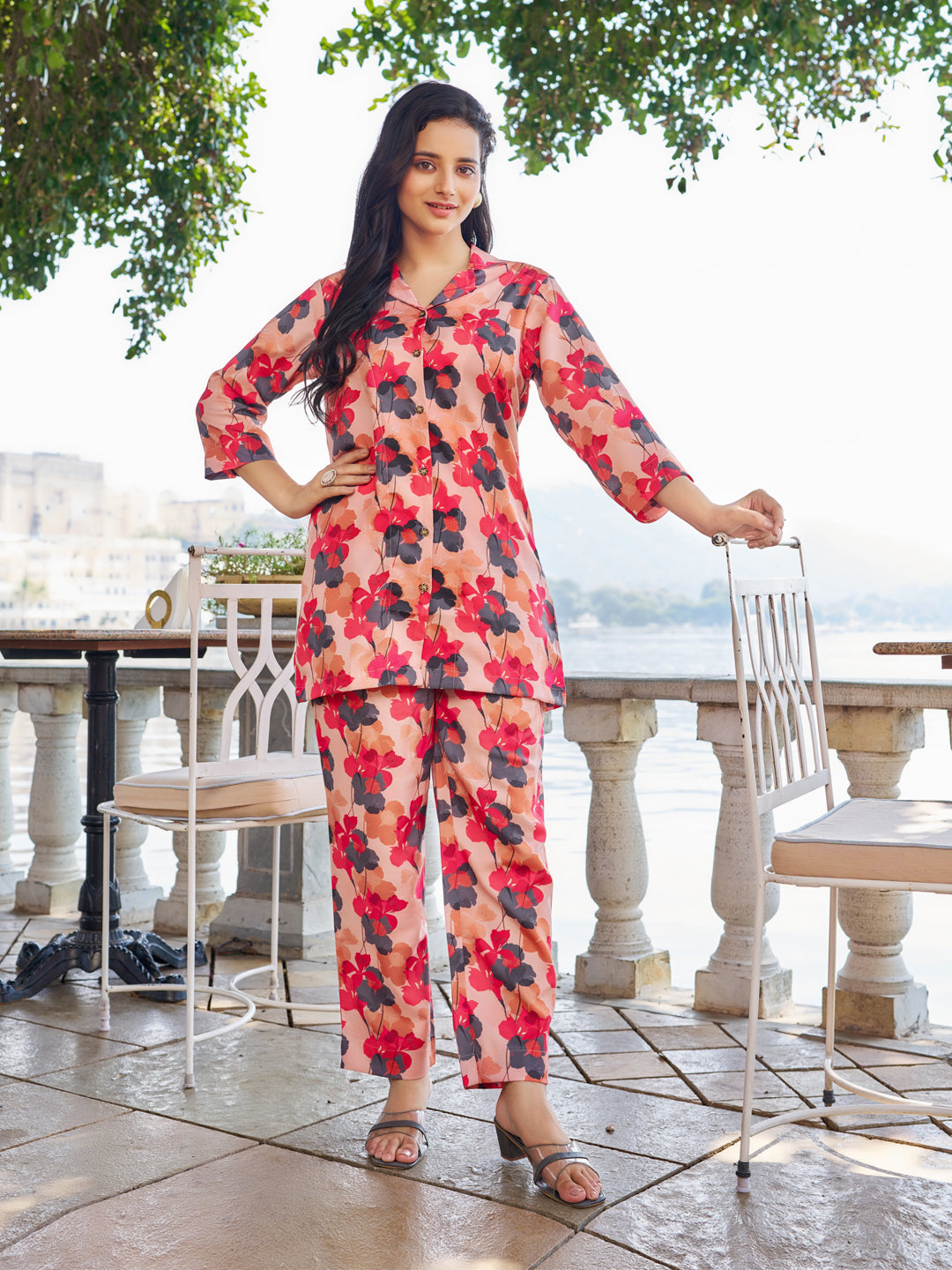 Peach Cotton Blend Floral Co-Ord Set for Women | Vibe Vision