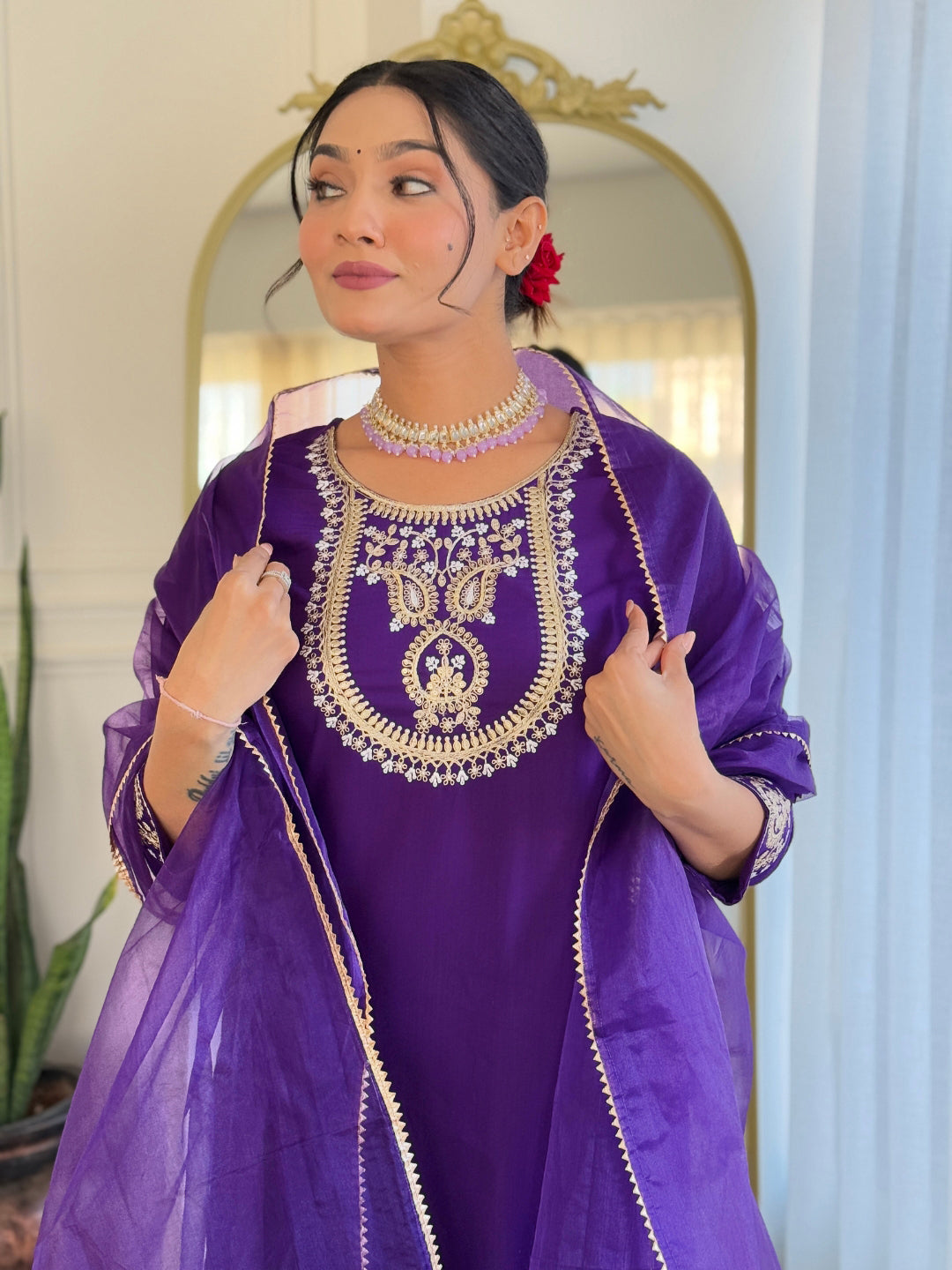 Women Purple Embroidered Kurta