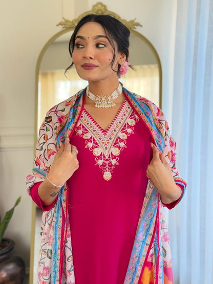 Women Magenta Embroidered Kurt