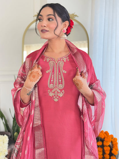 Women Rose Pink Embroidered Ku