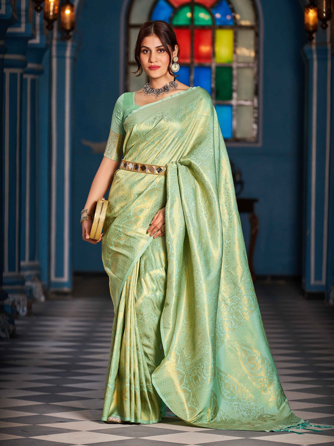 Swornof Womens Silk Saree With Blouse Piece - Pista