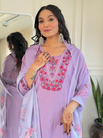 Women Lavender Embroidered Kurti