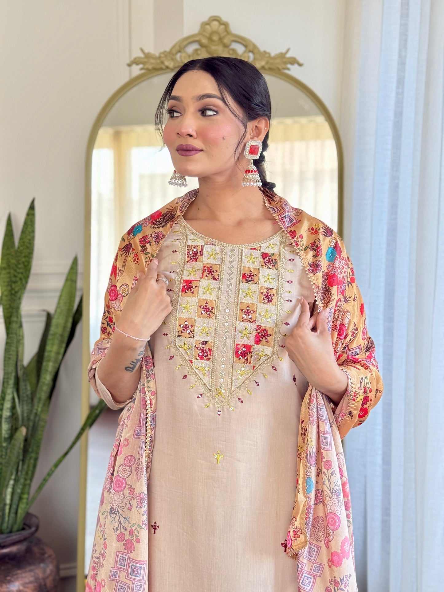 Beige Embroidered Kurta