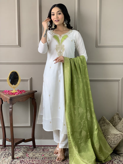 Women White Embroidered Kurta with Trousers and Dupatta