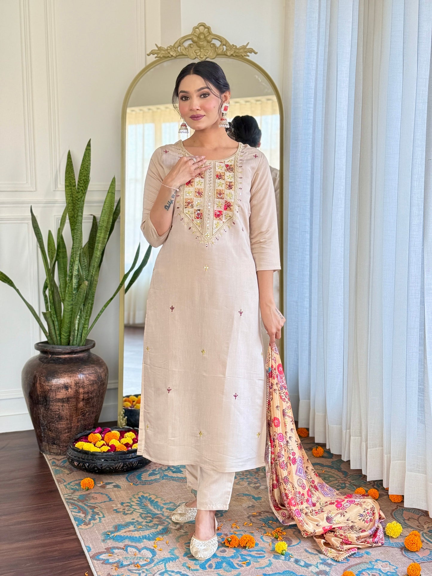 Beige Embroidered Kurta
