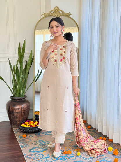 Beige Embroidered Kurta
