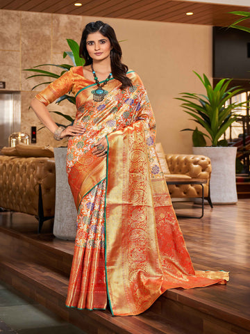 Swornof Women's cotton Silk Saree With Unstitched Boluse Piece - Orange