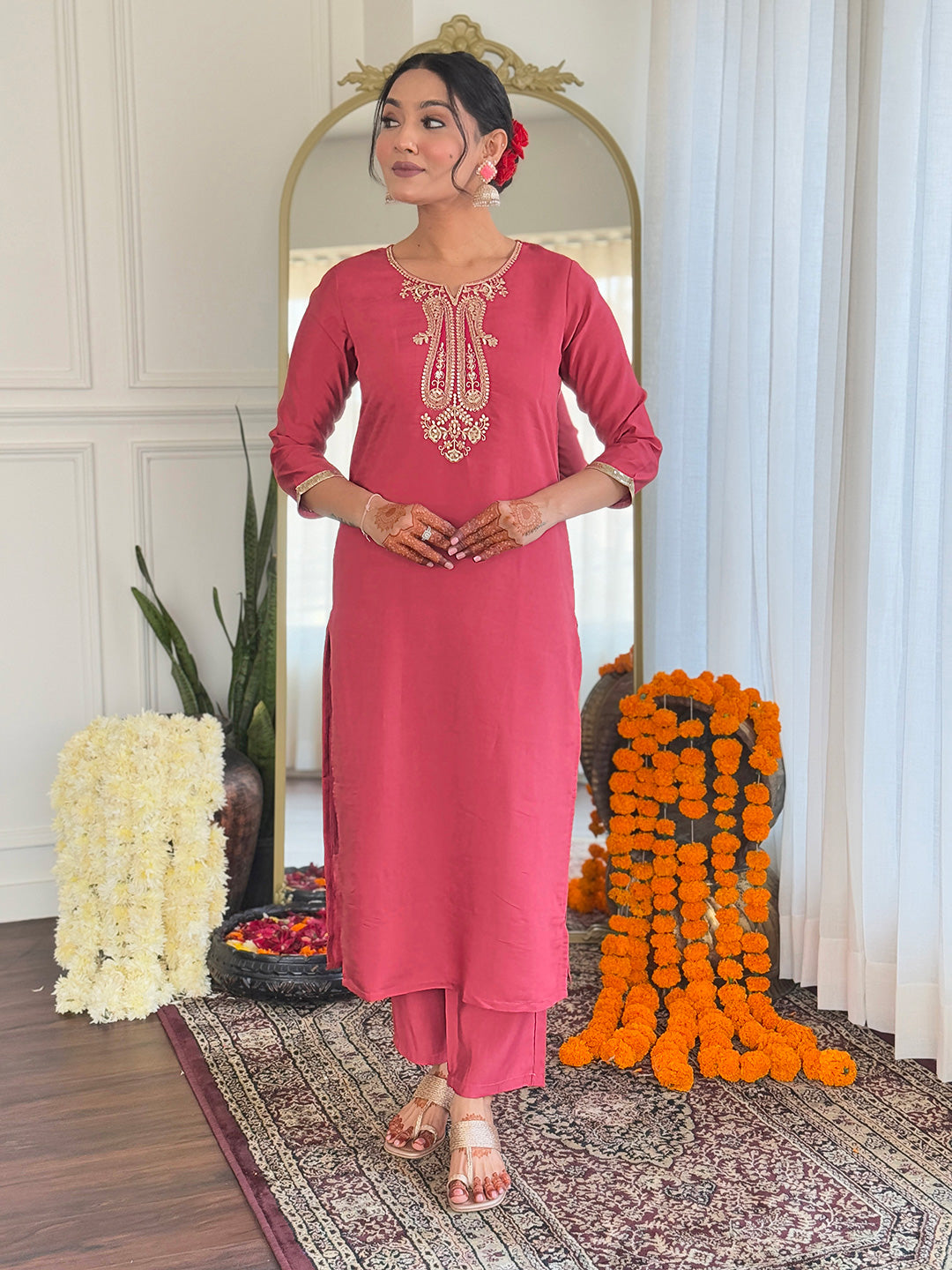 Women Rose Pink Embroidered Ku