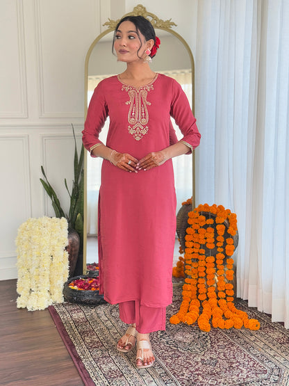 Women Rose Pink Embroidered Ku