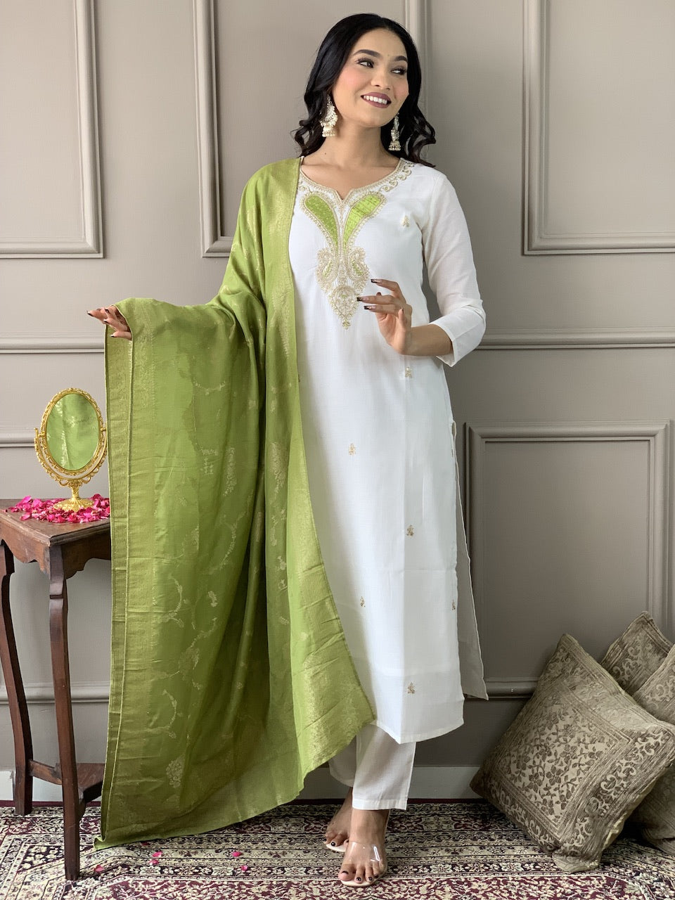 Women White Embroidered Kurta with Trousers and Dupatta