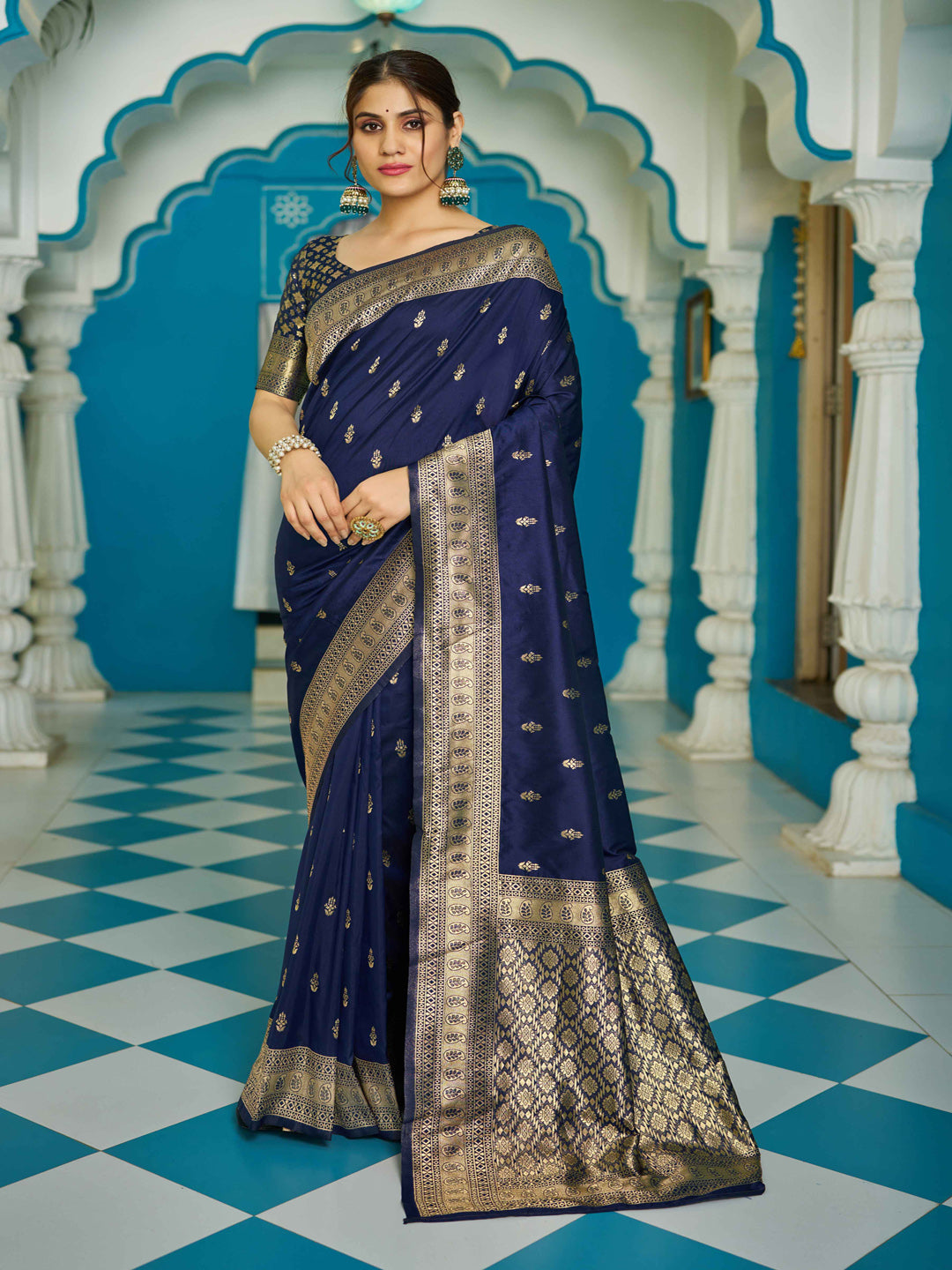 Swornof Womens Silk Saree with Zari Woven Saree With Blouse Piece - Blue