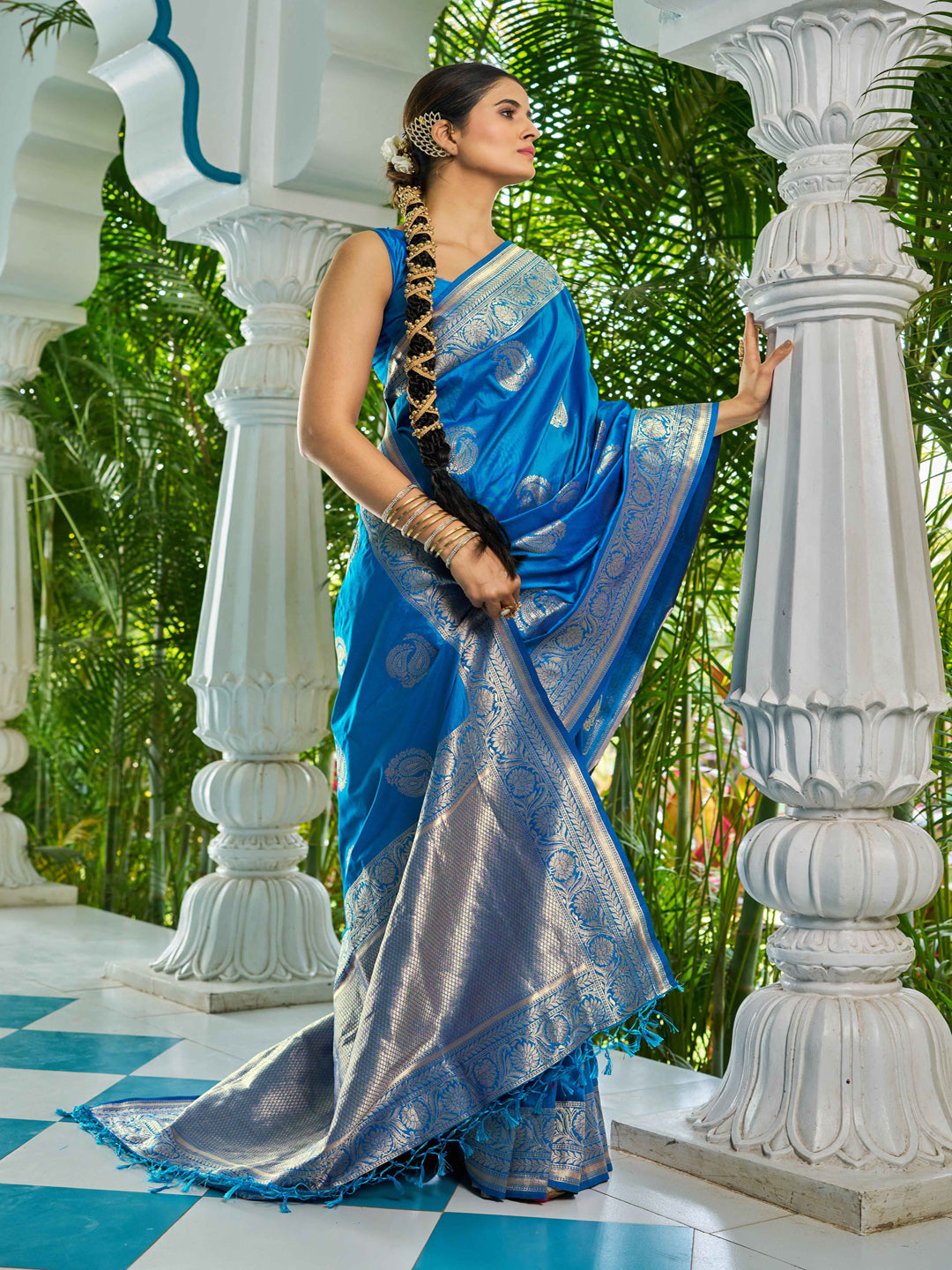 Swornof Womens Silk Saree with Zari Woven Saree With Blouse Piece - Blue